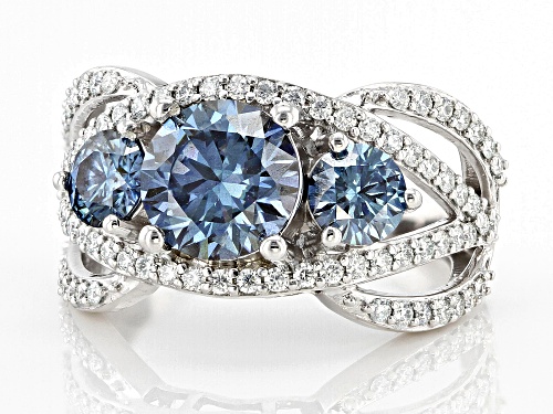 MOISSANITE FIRE® & BLUE MOISSANITE 3.68CTW DEW ROUND PLATINEVE® RING - Size 8