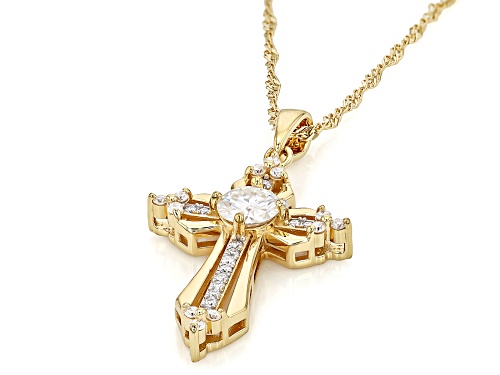 MOISSANITE FIRE® 1.19CTW DEW ROUND 14K YELLOW GOLD OVER SILVER CROSS PENDANT & CHAIN