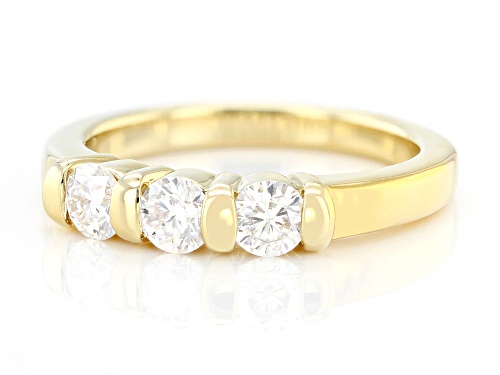 MOISSANITE FIRE® .69CTW DEW ROUND BRILLIANT 14K YELLOW GOLD OVER SILVER 3 STONE RING - Size 6