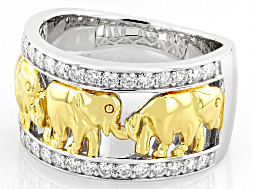 MOISSANITE FIRE® .64CTW DEW ROUND PLATINEVE® & 14K YELLOW GOLD OVER SILVER ELEPHANT RING - Size 6