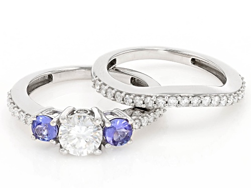 MOISSANITE FIRE® 1.48CTW DEW ROUND & TANZANITE PLATINEVE® RING & BAND - Size 8