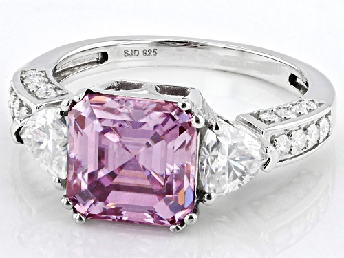MOISSANITE FIRE(R) & PINK MOISSANITE 5.10CTW DEW ASSCHER & TRILLION CUT & ROUND PLATINEVE(R) RING - Size 6