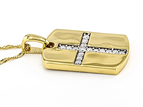 MOISSANITE FIRE(R) .51CTW DEW ROUND 14K YELLOW GOLD OVER SILVER CROSS DOG TAG PENDANT & CHAIN
