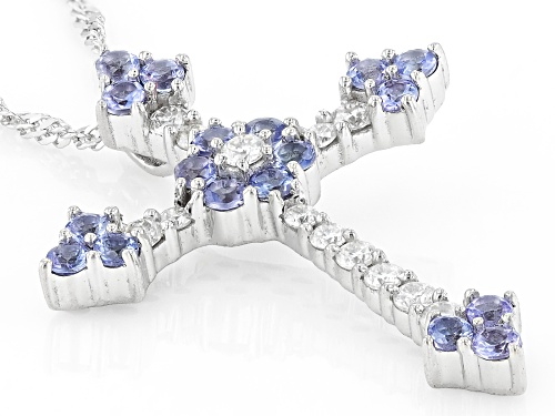 MOISSANITE FIRE® .34CTW DEW ROUND & .63CTW TANZANITE PLATINEVE® CROSS PENDANT & SINGAPORE CHAIN