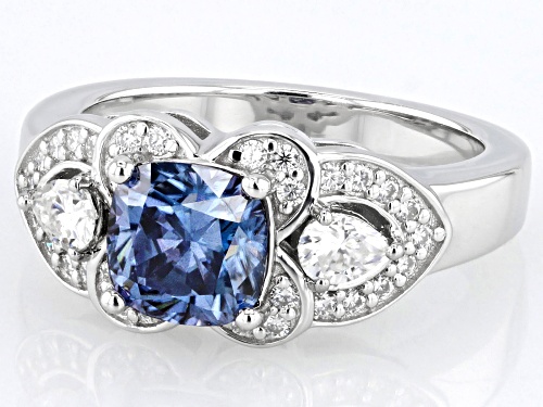 MOISSANITE FIRE® & BLUE MOISSANITE 2.18CTW DEW CUSHION CUT, PEAR SHAPED & ROUND PLATINEVE® RING - Size 8
