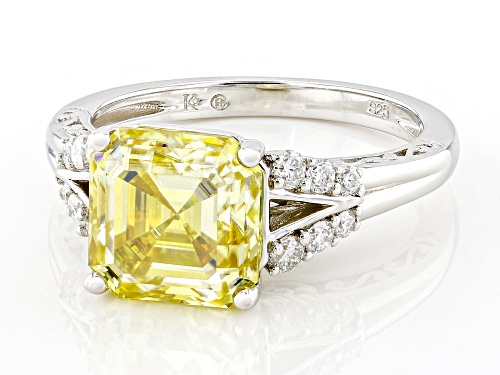 MOISSANITE FIRE® AND YELLOW MOISSANITE  4.22CTW DEW ASSCHER CUT AND ROUND PLATINEVE® RING - Size 9