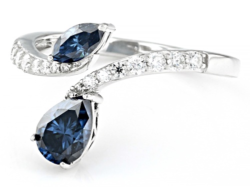 MOISSANITE FIRE® & NAVY BLUE MOISSANITE 1.34CTW DEW PEAR AND MARQUISE WITH ROUND PLATINEVE® RING - Size 6