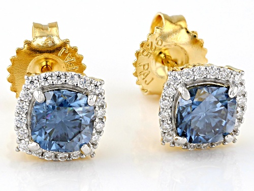 MOISSANITE FIRE® AND NAVY BLUE MOISSANITE 1.60CTW DEW 14K YELLOW GOLD OVER SILVER EARRINGS