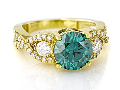 MOISSANITE FIRE® & GREEN MOISSANITE 3.34CTW DEW ROUND 14K YELLOW GOLD OVER SILVER RING - Size 9