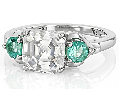 MOISSANITE FIRE® 2.96CT DEW ASSCHER CUT AND .48CTW ROUND EMERALD PLATINEVE® TWO TONE RING - Size 7