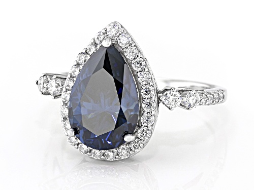 MOISSANITE FIRE® & NAVY BLUE MOISSANITE 4.31CTW DEW PEAR AND ROUND PLATINEVE® RING - Size 10