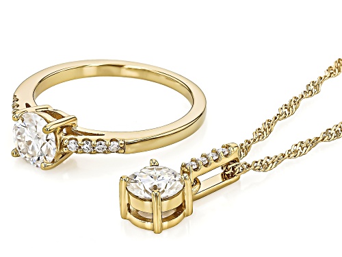 MOISSANITE FIRE® 1.72CTW DEW ROUND 14K YELLOW GOLD OVER SILVER RING WITH PENDANT AND CHAIN SET
