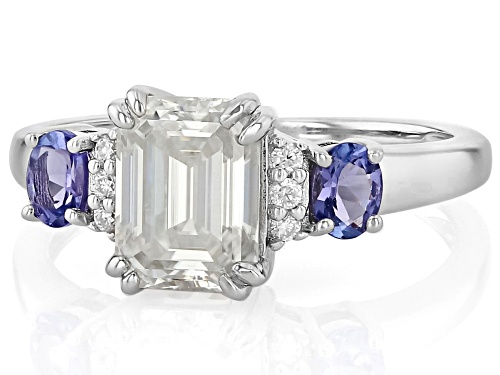 MOISSANITE FIRE® 1.81CTW DEW EMERALD CUT & ROUND WITH .34CTW OVAL TANZANITE PLATINEVE® RING - Size 10