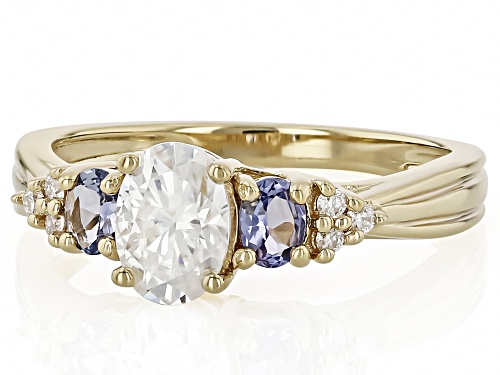 MOISSANITE FIRE® .96CTW DEW OVAL AND ROUND WITH TANZANITE 14K YELLOW GOLD OVER SILVER RING - Size 6