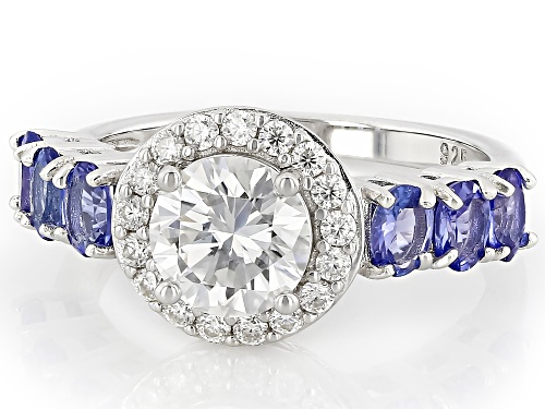 MOISSANITE FIRE® 1.56CTW DEW ROUND WITH  OVAL TANZANITE PLATINEVE® RING - Size 7