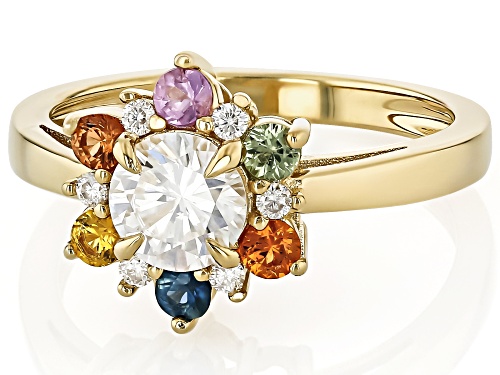 MOISSANITE FIRE® .92CTW DEW AND MULTI COLOR SAPPHIRE 14K YELLOW GOLD OVER SILVER RING - Size 8