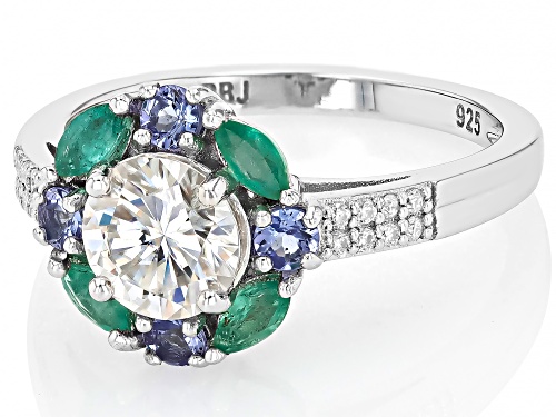 MOISSANITE FIRE® 1.16CTW DEW WTIH  ZAMBIAN EMERALD AND TANZANITE PLATINEVE® RING - Size 10