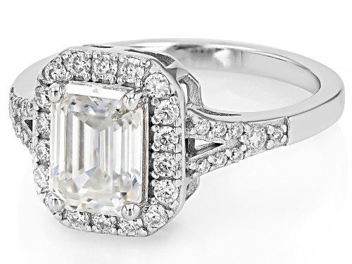 MOISSANITE FIRE® 2.35CTW EMERALD AND ROUND PLATINEVE® RING - Size 8