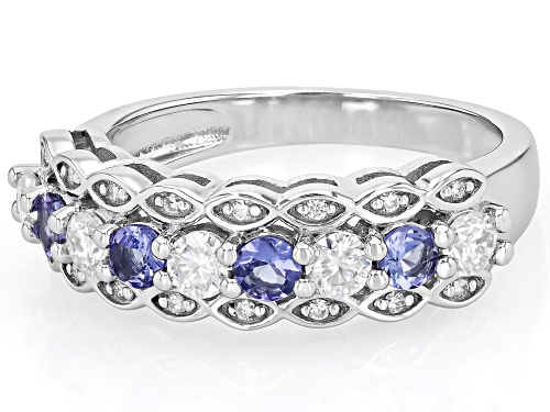 MOISSANITE FIRE® .66CTW DEW ROUND WITH  ROUND TANZANITE PLATINEVE® RING - Size 8