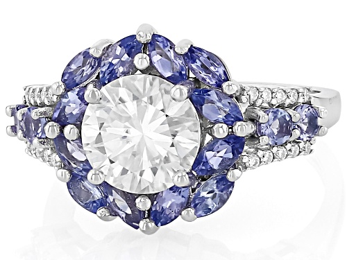 MOISSANITE FIRE® 2.14CTW DEW ROUND WITH  MARQUISE & ROUND TANZANITE PLATINEVE® RING - Size 5