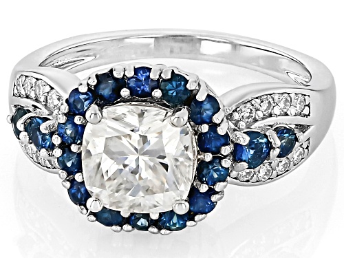 MOISSANITE FIRE® 1.86CTW DEW AND BLUE SAPPHIRE PLATINEVE® RING - Size 9