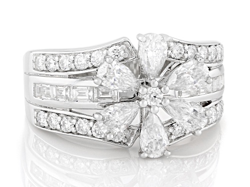 MOISSANITE FIRE® 1.79CTW DEW ROUND BRILLIANT, PEAR SHAPE AND BAGUETTE PLATINEVE® RING - Size 7