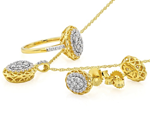MOISSANITE FIRE® 1.74CTW DEW 14K YELLOW GOLD OVER SILVER EARRINGS, RING, PENDANT AND CHAIN SET