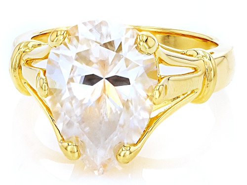 MOISSANITE FIRE® 5.50CT DEW PEAR SHAPE 14K YELLOW GOLD OVER SILVER SOLITAIRE RING - Size 7