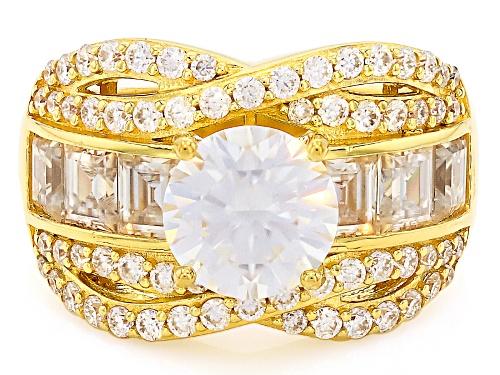 MOISSANITE FIRE® 3.64CTW DEW ROUND AND BAGUETTE 14K YELLOW GOLD OVER SILVER RING - Size 6