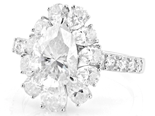 MOISSANITE FIRE® 4.65CTW DEW PEAR AND ROUND BRILLIANT PLATINEVE® RING - Size 8