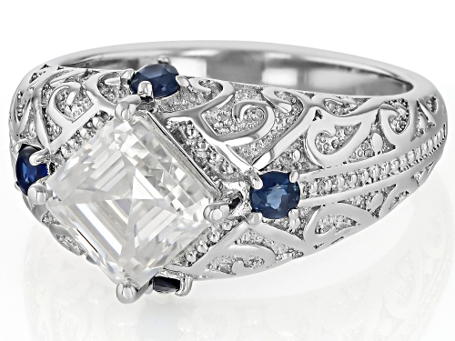 MOISSANITE FIRE® 1.85CT DEW ASSCHER CUT WITH ROUND BLUE SAPPHIRE PLATINEVE® RING - Size 6