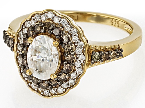 MOISSANITE FIRE® 1.22CTW DEW AND .32CTW CHAMPAGNE DIAMOND 14K YELLOW GOLD OVER SILVER RING - Size 8