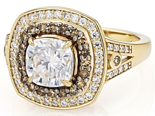 MOISSANITE FIRE® 2.18CTW DEW AND .33CTW CHAMPAGNE DIAMOND 14K YELLOW GOLD OVER SILVER RING - Size 7