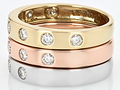 MOISSANITE FIRE® 0.90CTW DEW PLATINEVE® AND 14K YELLOW AND ROSE GOLD OVER SILVER SET OF 3 RINGS - Size 7