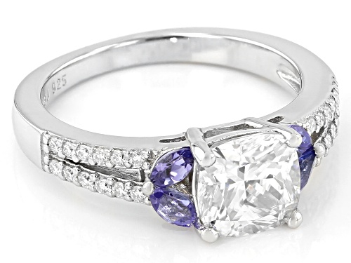 MOISSANITE FIRE(R) 1.94CTW DEW CUSHION CUT AND ROUND WITH MARQUISE CUT TANZANITE PLATINEVE(R) RING - Size 8