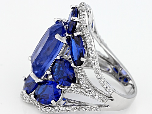 6.80ct Color Shift Blue Fluorite, 7.69ctw Lab Blue Spinel & 1.13ctw Zircon Rhodium Over Silver Ring - Size 7