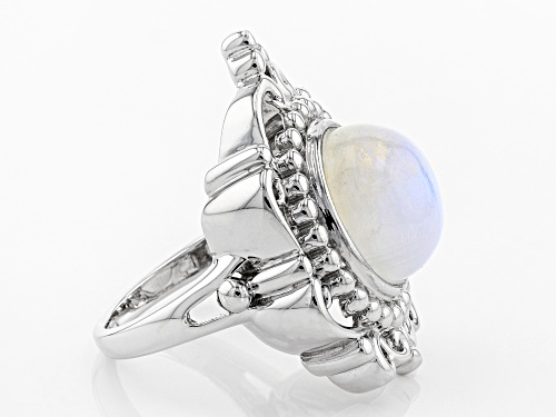 12mm Round Rainbow Moonstone Solitaire Rhodium Over Sterling Silver Ring - Size 6