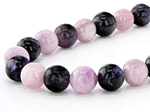 10mm Round Kunzite and 10mm Round Charoite Knotted Bead Strand Sterling Silver Necklace - Size 18
