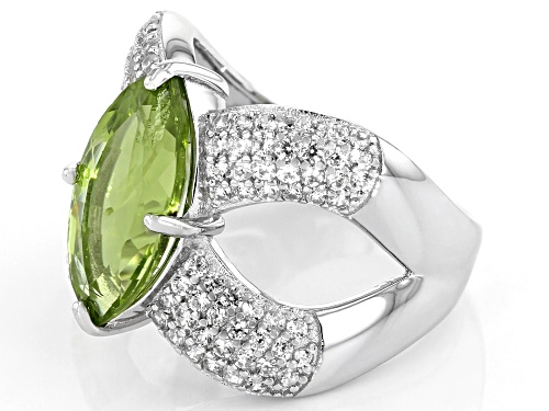 3.65CT MARQUISE MANCHURIAN PERIDOT(TM) WITH .52CTW ROUND WHITE ZIRCON RHODIUM OVER SILVER RING - Size 8