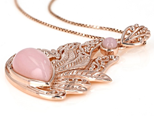 15X10mm pear shape & 4mm round Peruvian pink opal 18k rose gold over silver peacock pendant w/chain