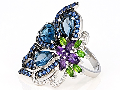 5.42ctw London Blue Topaz, Amethyst, Chrome, Lab Blue Spinel & White Zircon Rhodium Over Silver Ring - Size 6