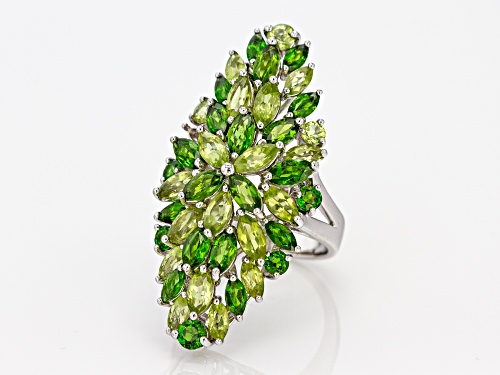 3.91ctw Marquise & Round Chrome Diopside & 3.99ctw Manchurian Peridot(TM) Rhodium Over Silver Ring - Size 6