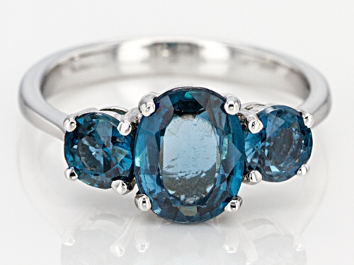 3.01ctw Round and Oval Teal Chromium Kyanite Rhodium Over Sterling Silver 3-Stone Ring. - Size 7