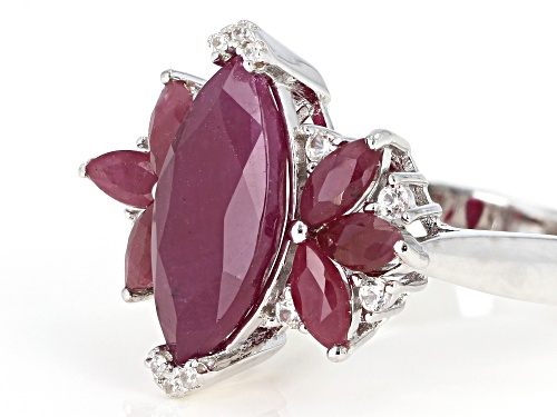 4.39ctw Marquise Indian Ruby & .17ctw Round White Zircon Rhodium Over Silver Ring - Size 6