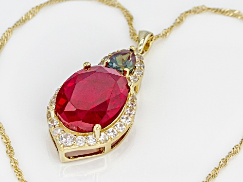 10.91ct Lab Created Ruby & Alexandrite, 1.17ctw Zircon 18k Gold Over Silver Pendant W/ Chain