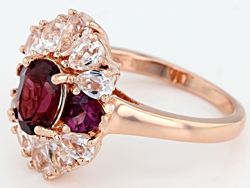 1.76CTW RASPBERRY COLOR RHODOLITE WITH 1.58CTW WHITE TOPAZ 18K ROSE GOLD OVER STERLING SILVER RING - Size 8
