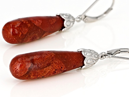 28X8MM TEARDROP SHAPE CABOCHON RED SPONGE CORAL RHODIUM OVER STERLING SILVER DANGLE EARRINGS