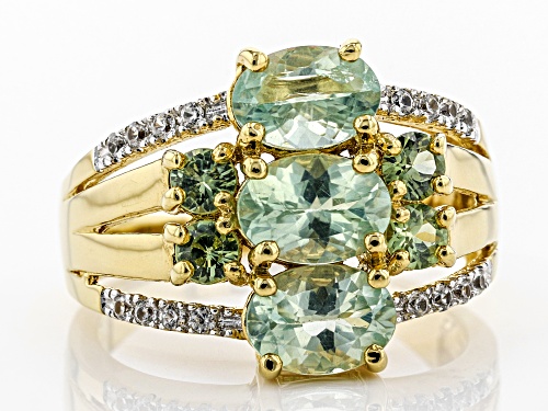 2.12ctw Amblygonite, .51ctw Green Sapphire & .12ctw White Zircon 18k Gold Over Silver 3-Stone Ring - Size 7