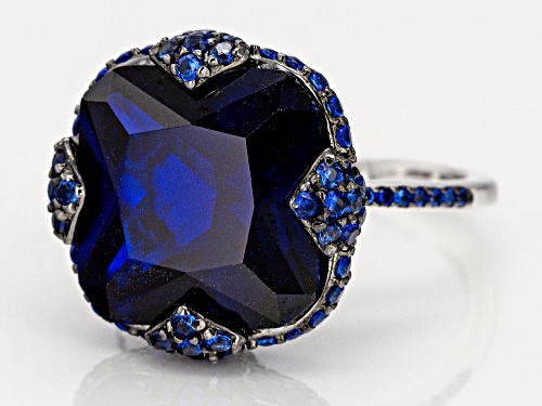 12.68CTW SQUARE OCTAGONAL AND ROUND LAB CREATED BLUE SPINEL RHODIUM OVER STERLING SILVER RING - Size 7