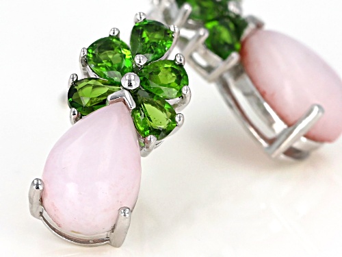 10x7mm Pear Shape Peruvian Pink Opal W/ 1.50ctw Chrome Diopside Rhodium Over Silver Earrings